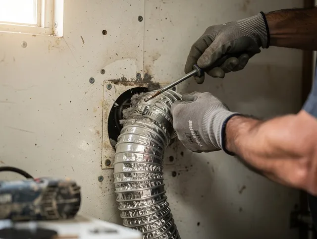 Delray Beach Dryer Vent Cleaning technician performing precise dryer vent hose installation in Delray Beach